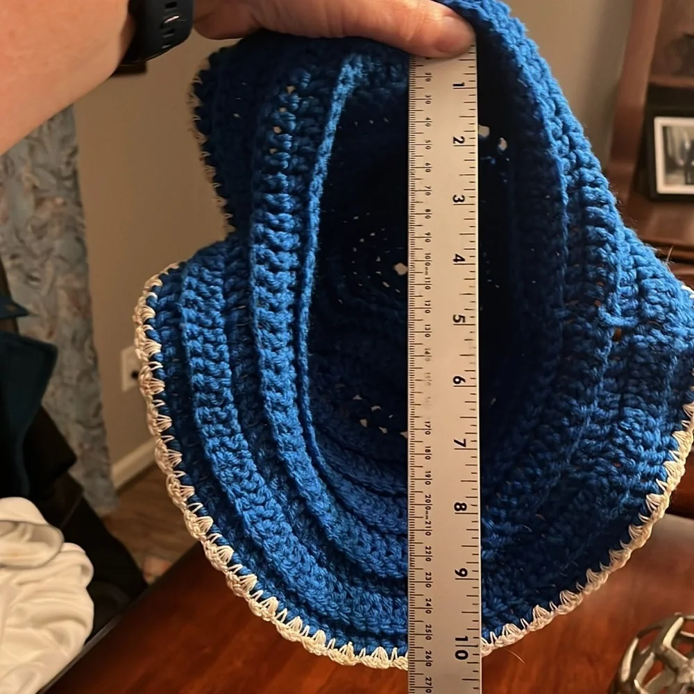 Handmade crochet bucket hat blue with white trim
